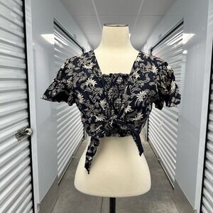 Vintage 90s Intimidation floral navy crop top L with tie